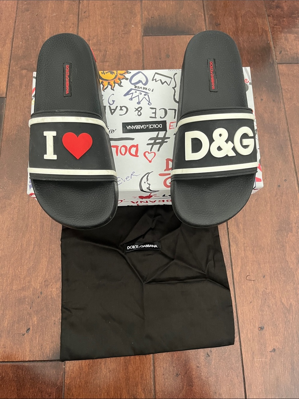 Dolce & Gabbana Black Slides with Red Heart and White D&G Logo